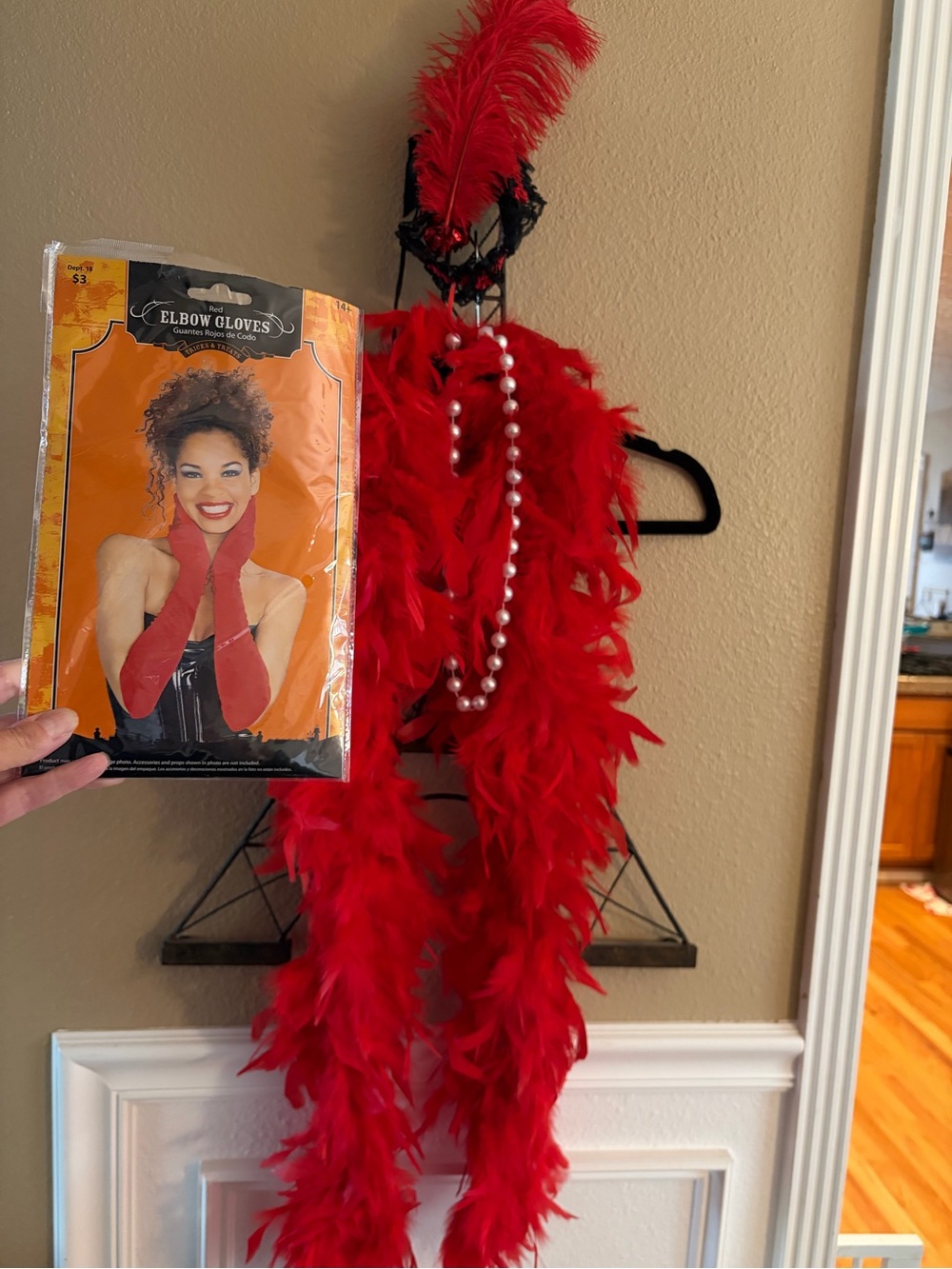 1990’s Faux Red Feather Boa Shawl Red Gloves Faux White Bead Necklace Flapper